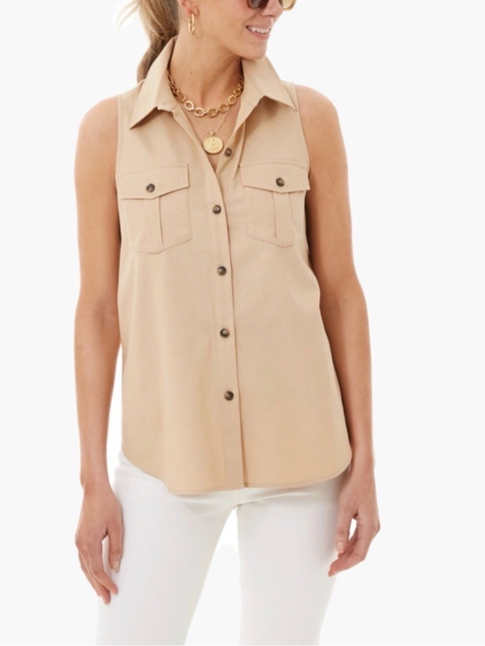 Tuckernuck Sleeveless Khaki Linen Steele Button Down Blouse Top Shirt Collared